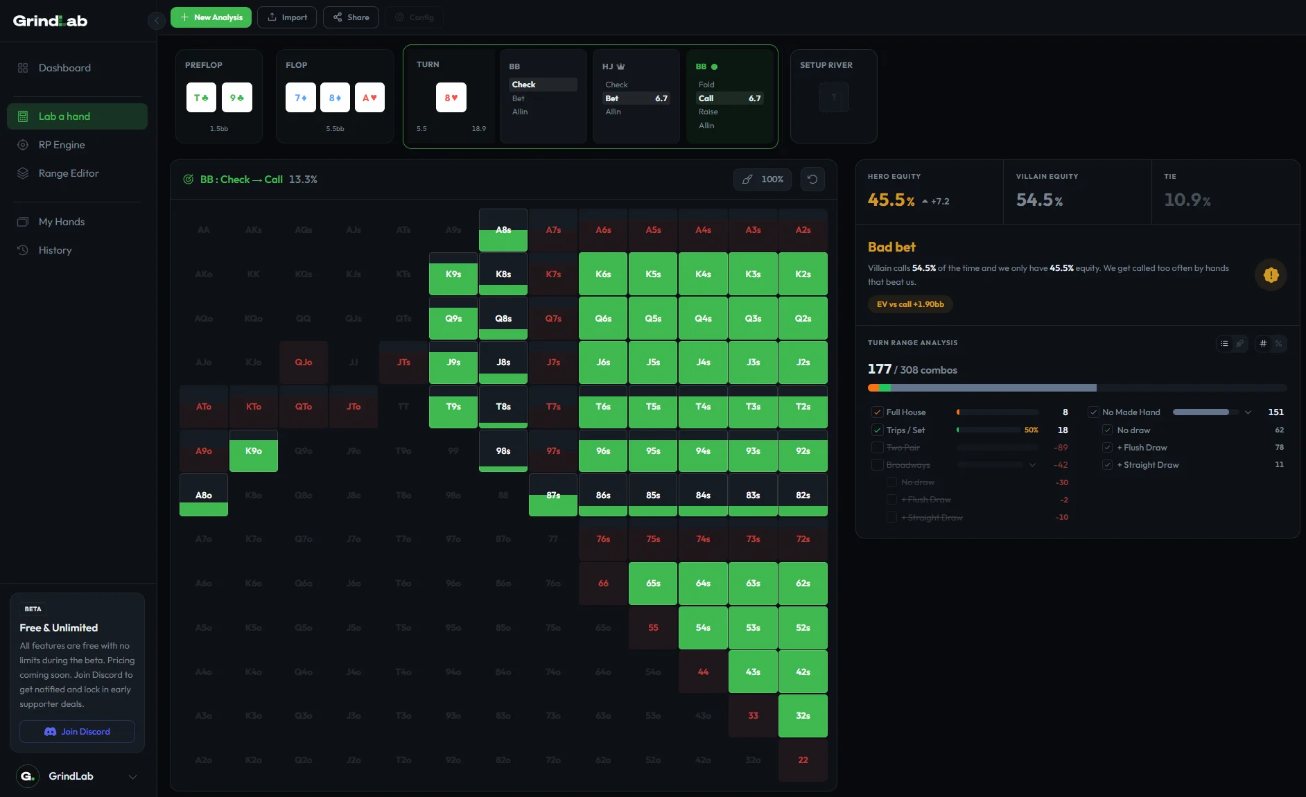 GrindLab — Poker equity analysis with villain range and hand categories