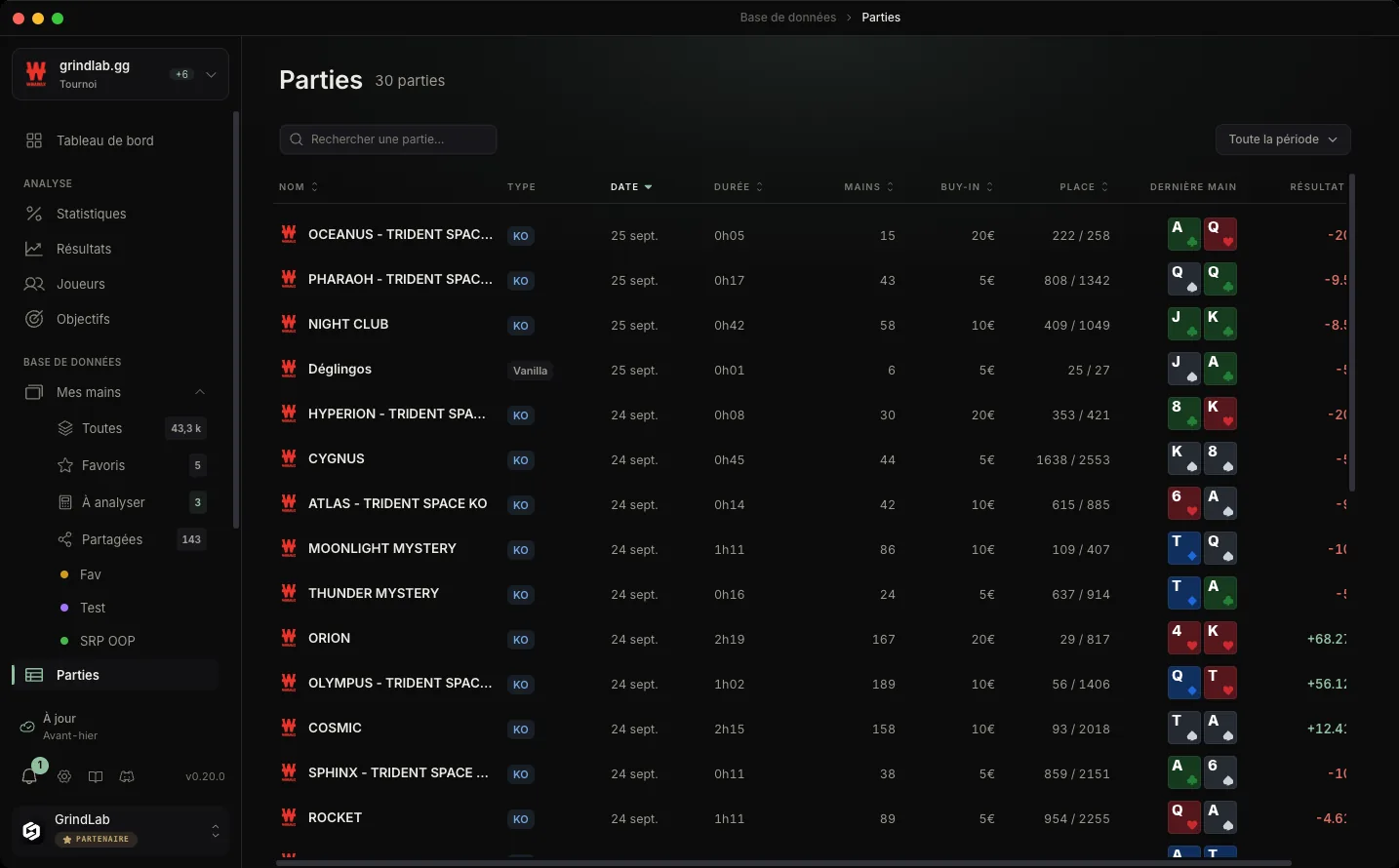 La page Parties du Tracker : tournois Winamax avec type, date, durée, mains, buy-in, place, dernière main et résultat
