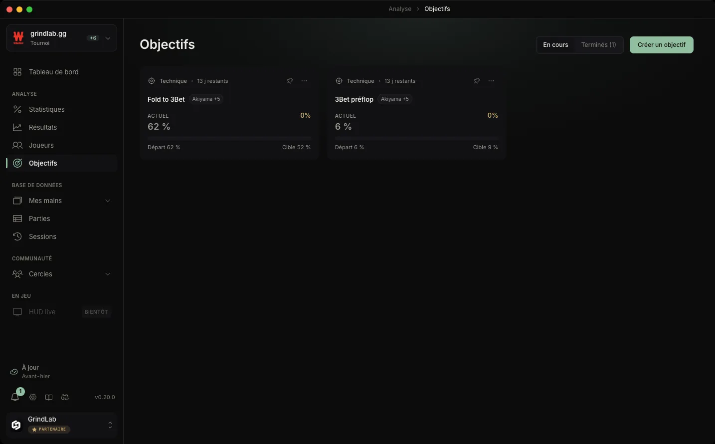 La page Objectifs du Tracker : deux objectifs techniques en cours, Fold to 3Bet et 3Bet préflop, avec leur valeur actuelle, leur départ et leur cible