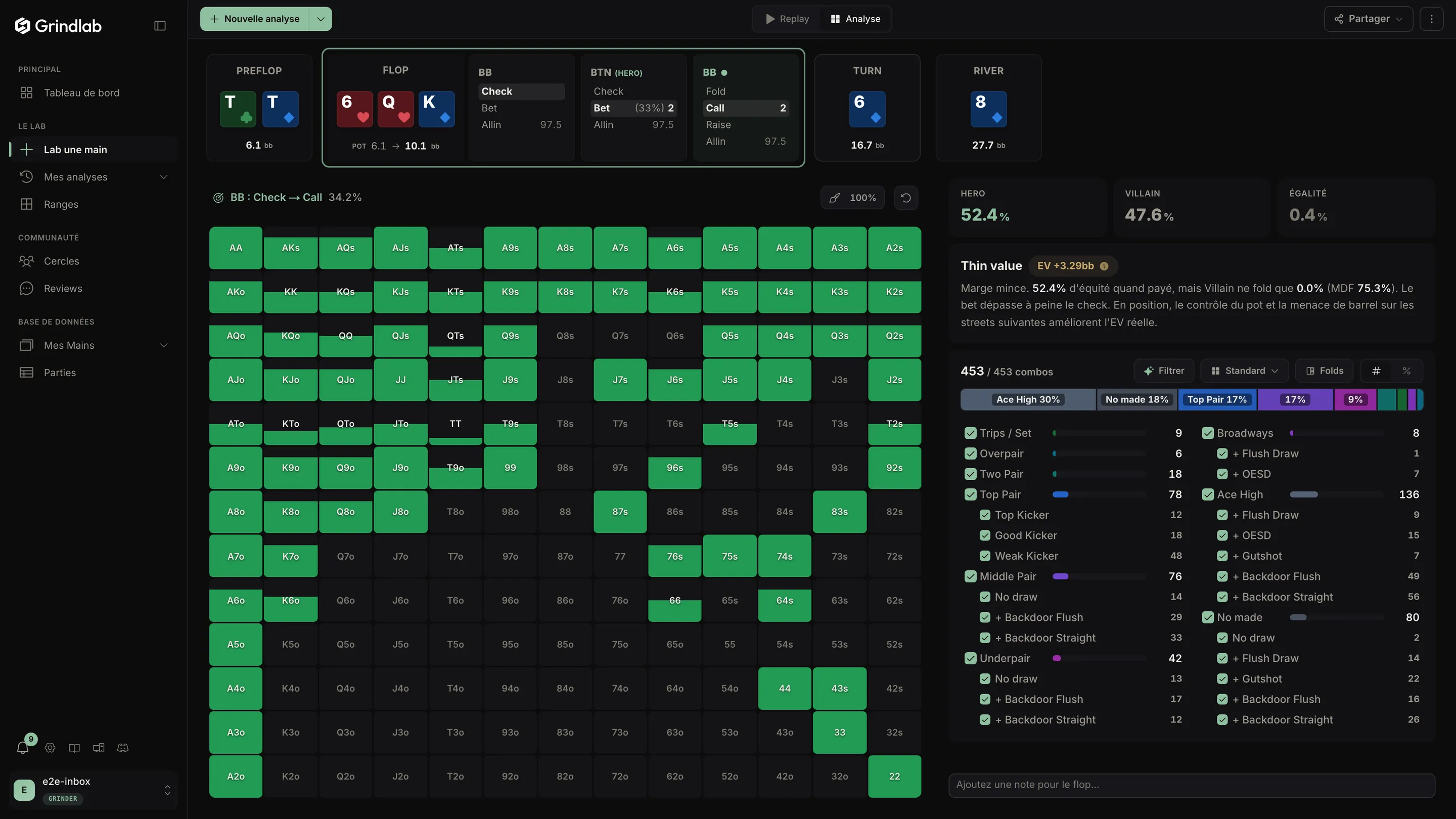 Lab: an imported hand with its actions and bets, the villain’s range weighted to 50% on his weak suited aces, the verdict updating, a note on the flop, then on to the turn.
