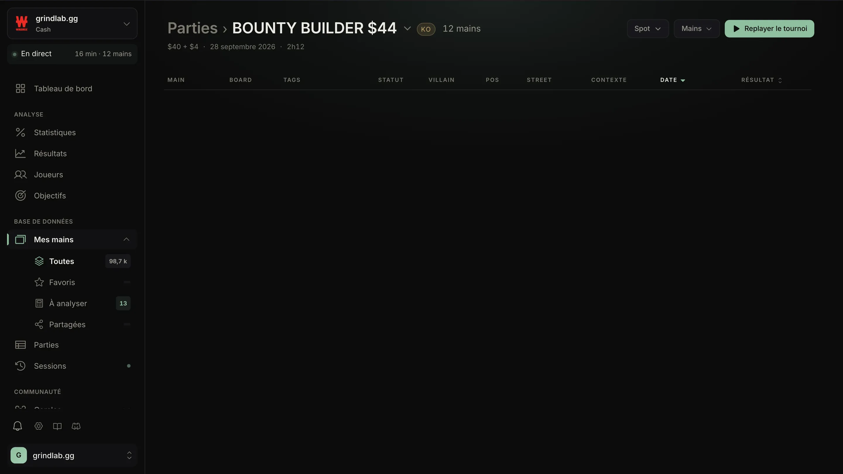 Tracker: the live session’s hands come in one by one, then the Stats page and the VPIP detail panel.